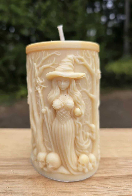 Witch and skull pillar candle (10oz)